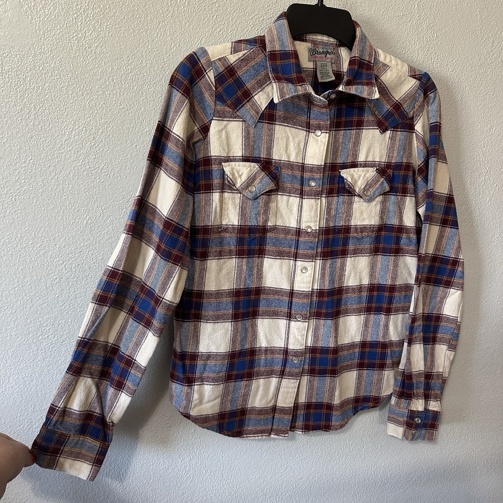 Wrangler Wrancher Flannel Pearl Snap Shirt Long Sleeve Size Small Purple‎ Plaid - Picture 3 of 5